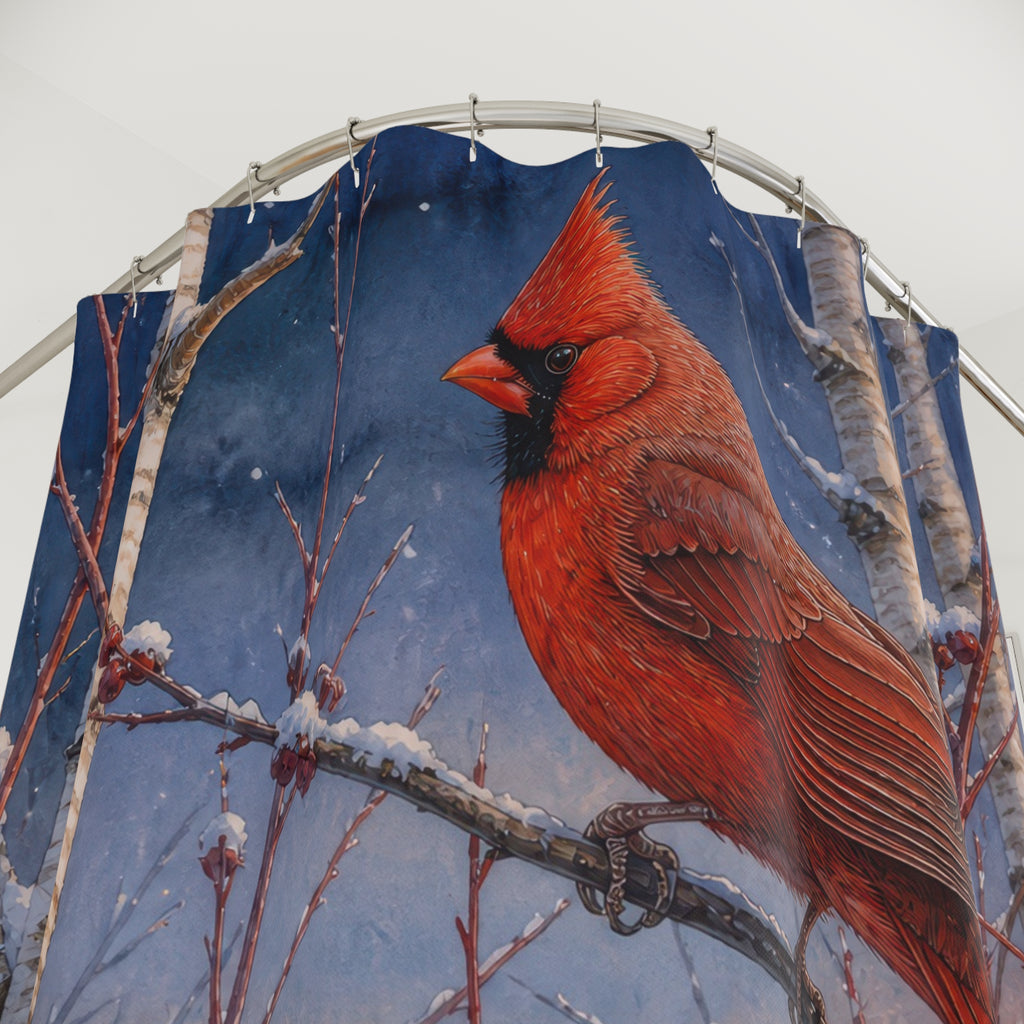 Two cardinals among snowy birches shower curtain with close-up print, hooks, and folds