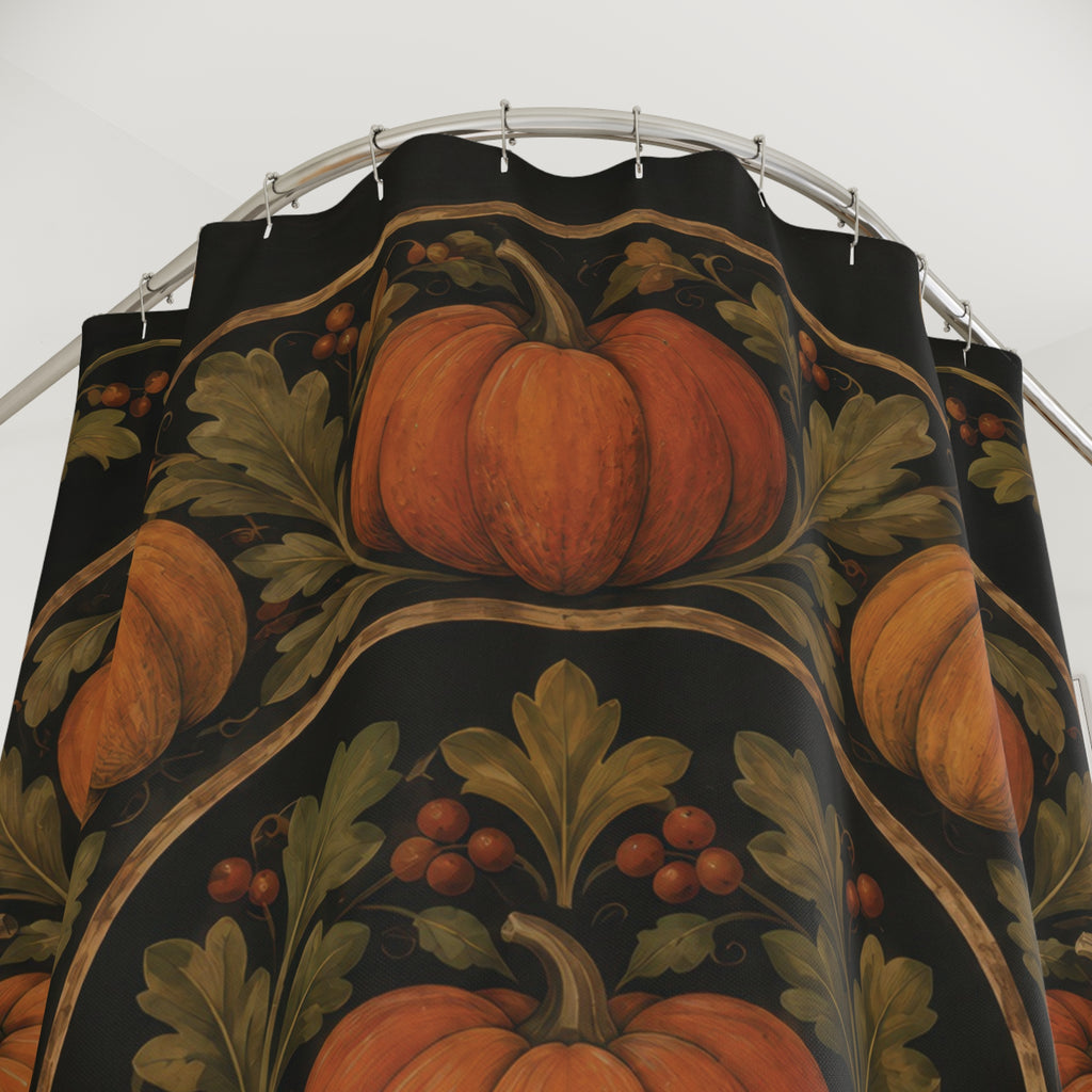 Orange pumpkins and olive leaves in an ochre medallion on black shower curtain with close-up print, hooks, and folds