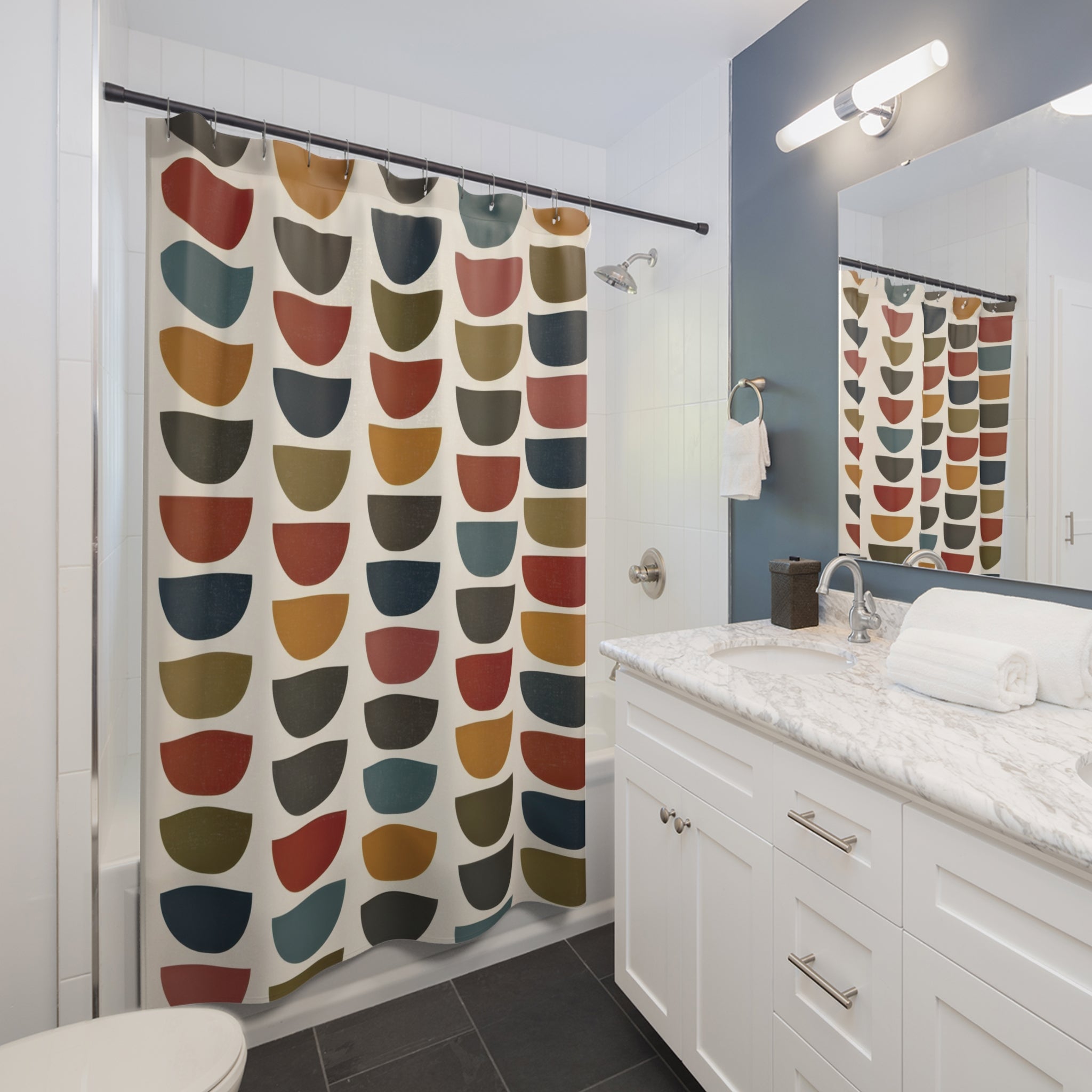 Mid Century Geometric Shower Curtain — Teal Mustard