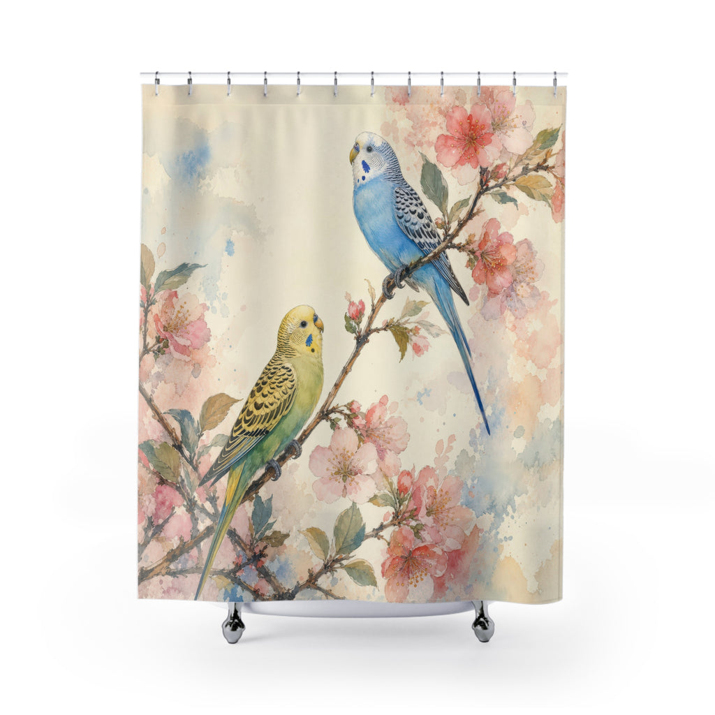 Watercolor Parakeet Pair shower curtain with full front view