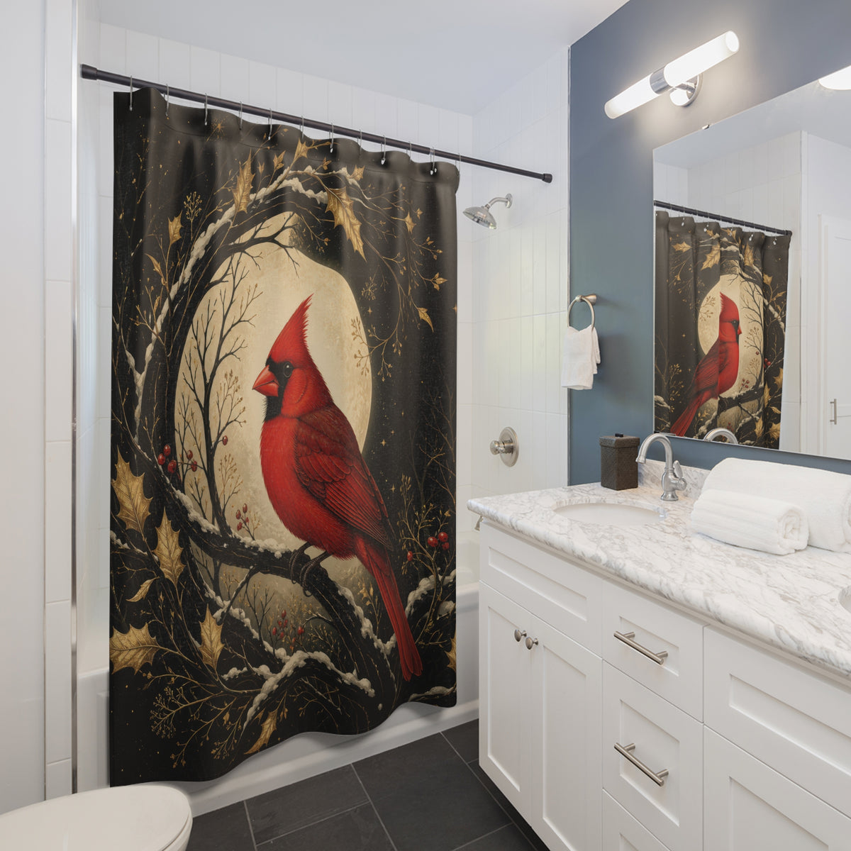 Red cardinal in black and gold moon arch shower curtain beside a white vanity