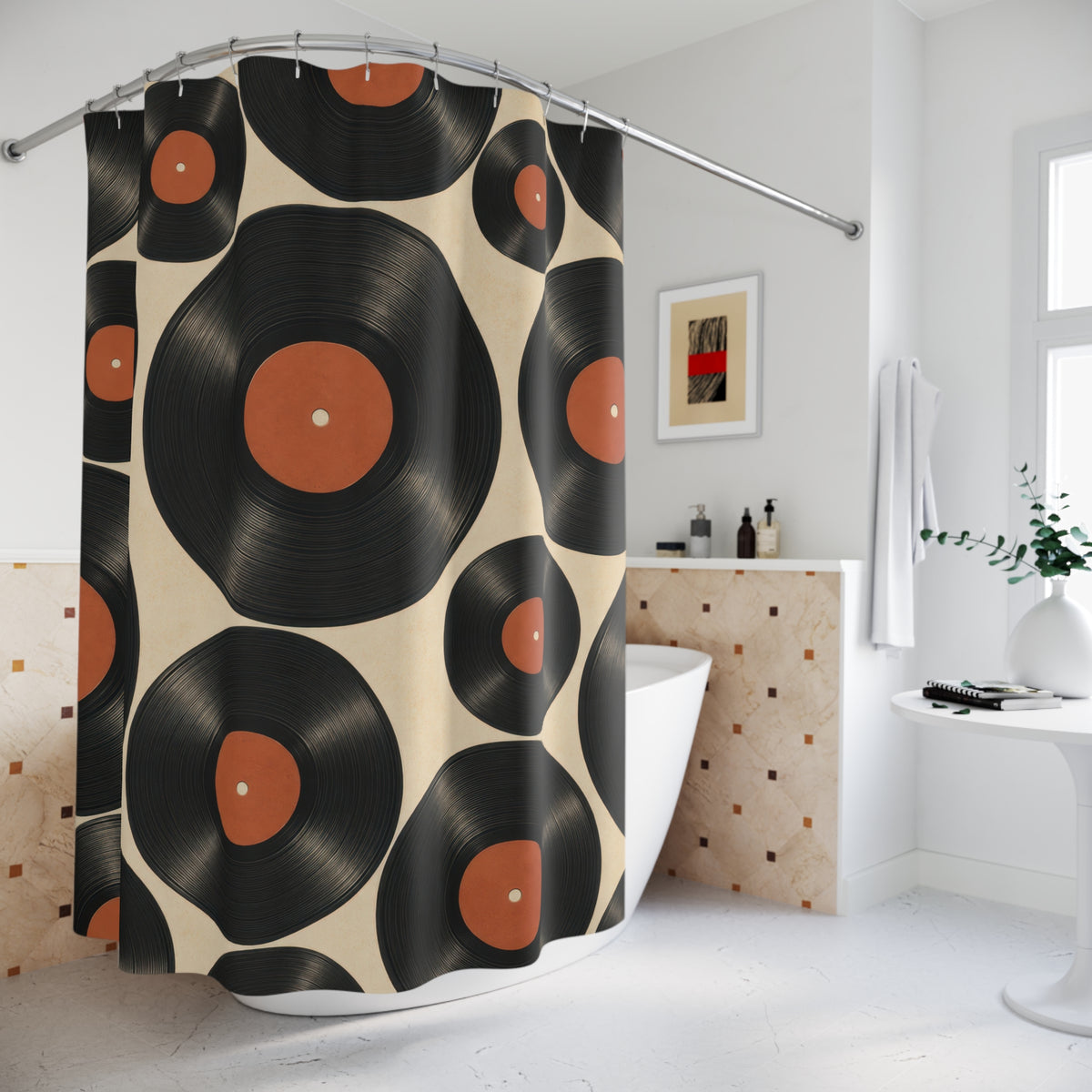 Black and burnt-orange vinyl record pattern shower curtain beside a freestanding tub