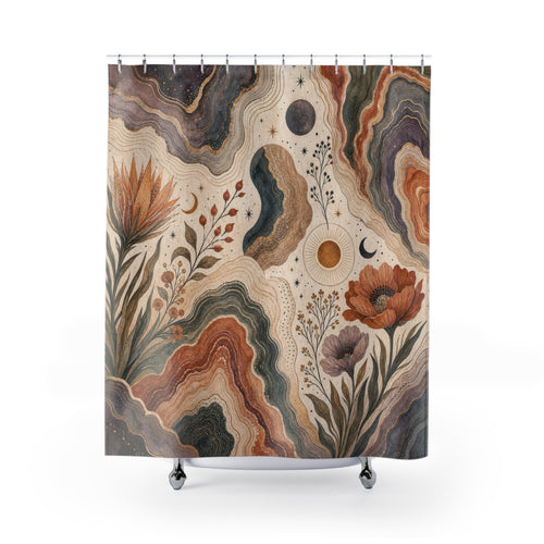 Abstract Desert Stone boho agate shower curtain with full front view
