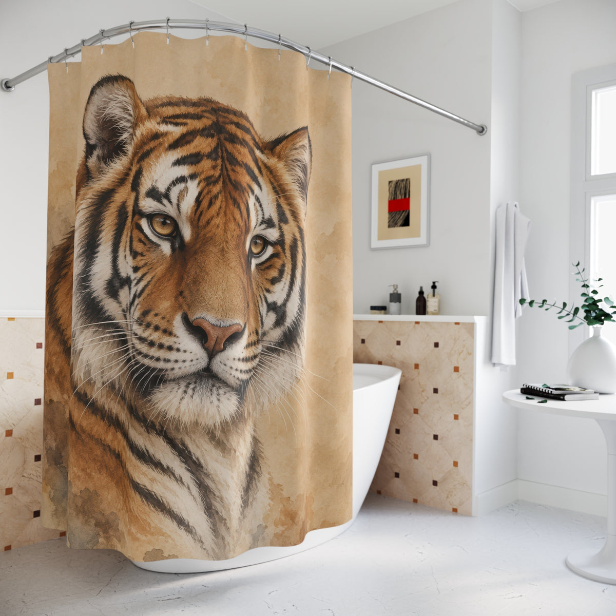 Orange and black tiger portrait on beige watercolor shower curtain beside a freestanding tub