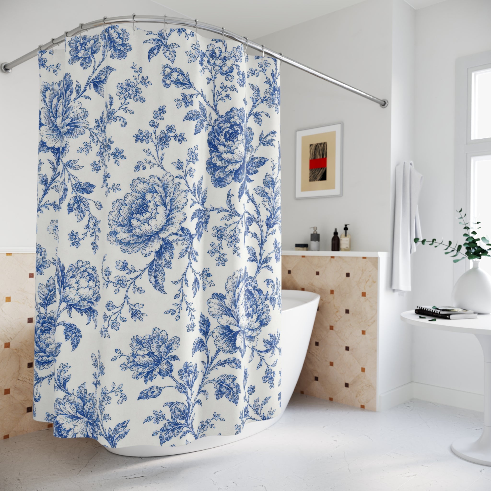 Blue White Vintage Floral Shower Curtain