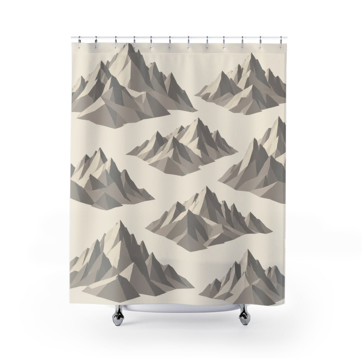 Large gray faceted mountain groups spaced diagonally across ivory shower curtain with full front view