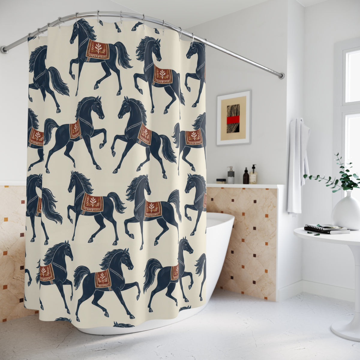 Navy prancing horses with rust saddles on warm ivory shower curtain beside a freestanding tub