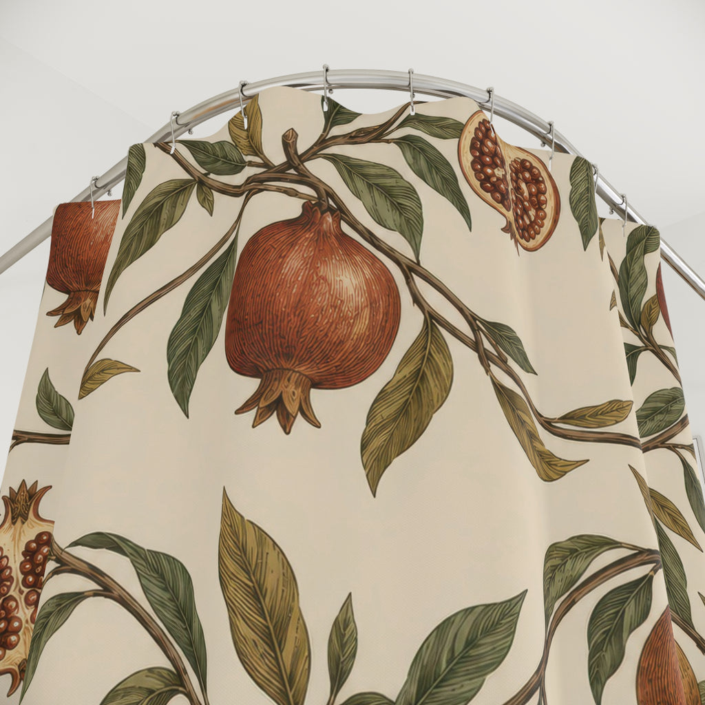 Russet pomegranates and olive leaves on cream shower curtain with close-up print, hooks, and folds