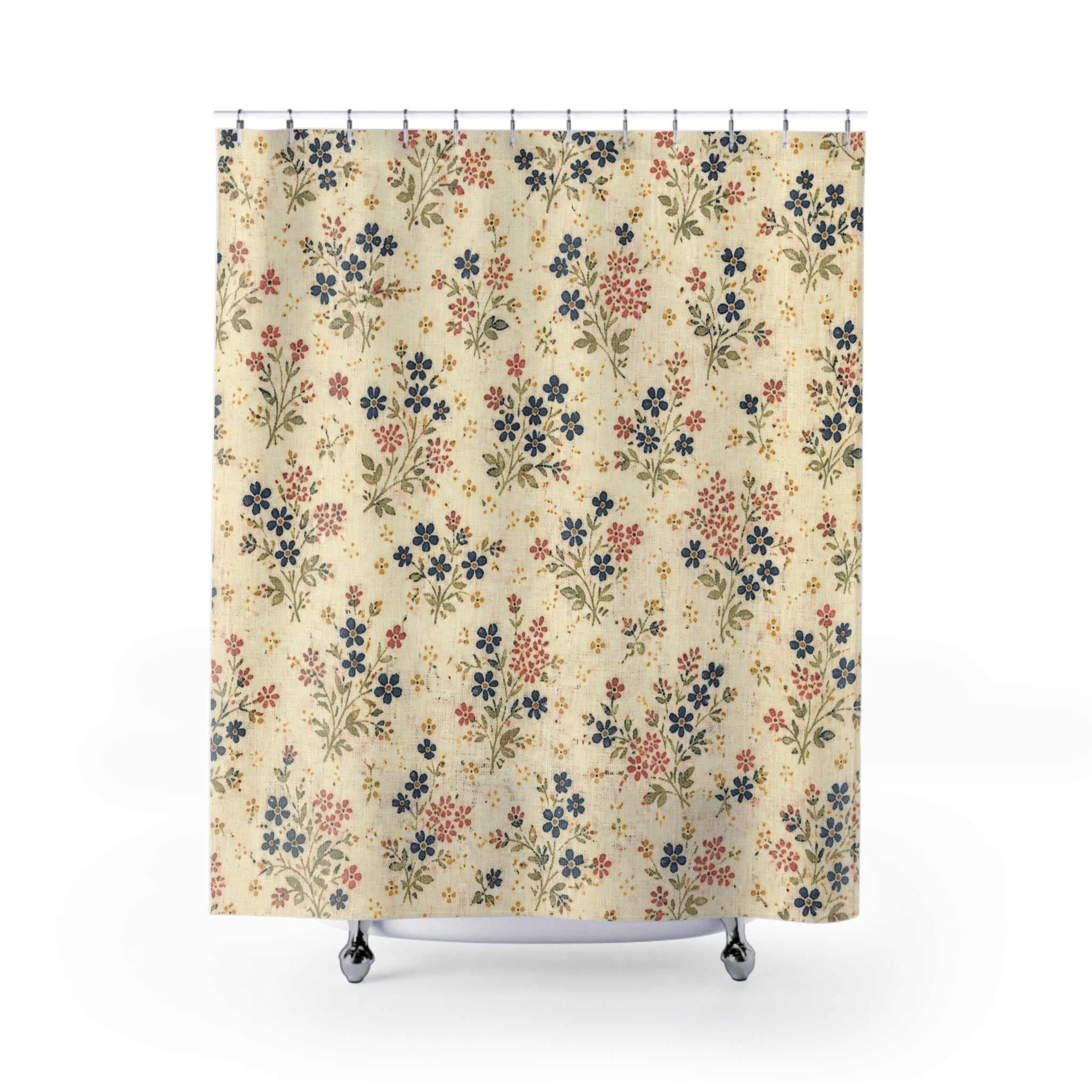 Red Blue Ditsy Flower Shower Curtain