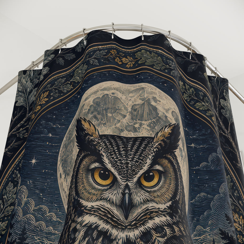 Close-up of Indigo owl framed by a silver moonlit botanical medallion shower curtain with hooks and folds