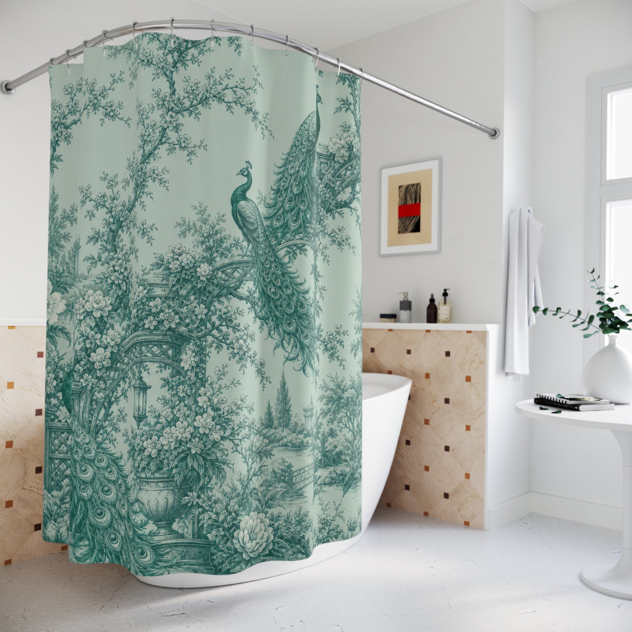 Verdigris Peacock Toile Shower Curtain