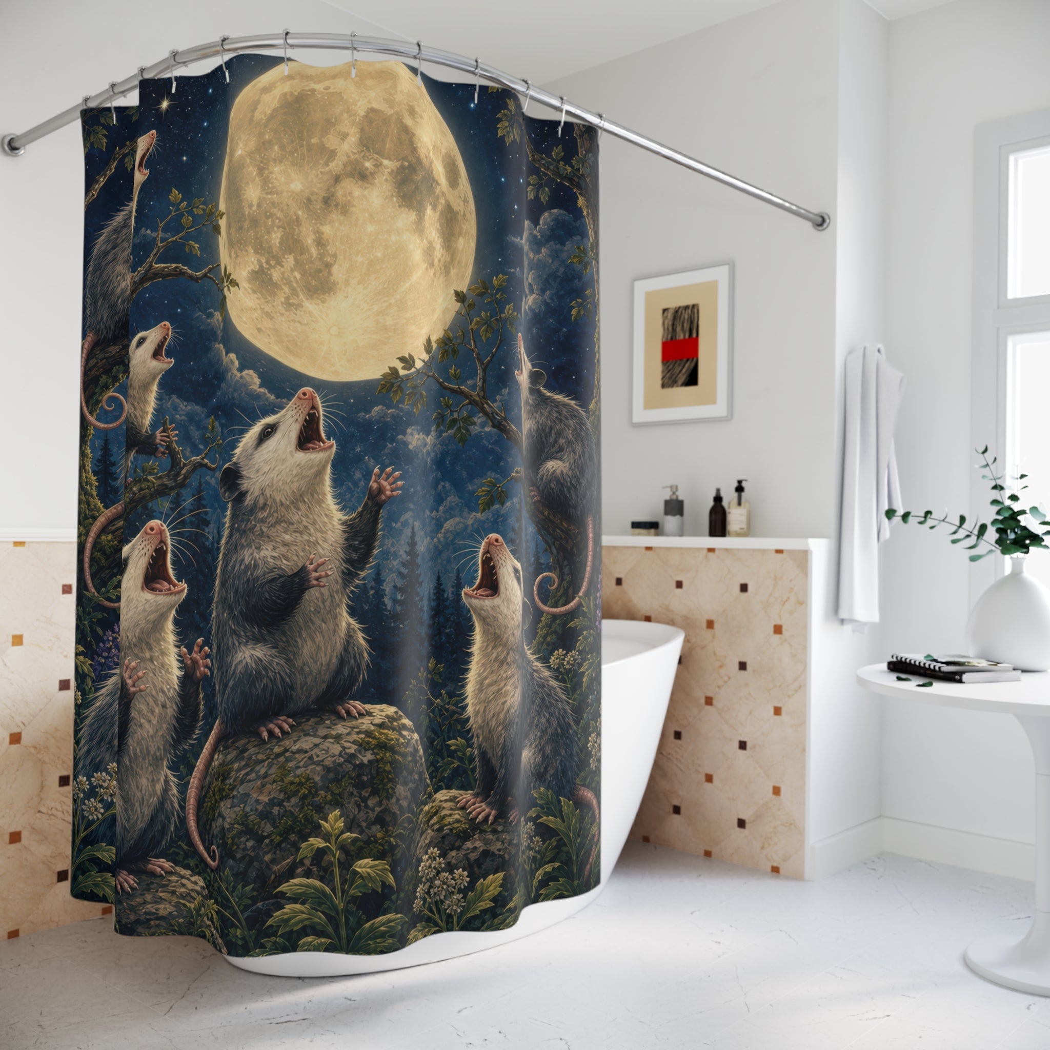 Unique Funny Possum Shower Curtain, Full Moon Opossum Animal Art, Dark Woodland Bathroom Decor, Moonlit Wall Decor Guest Bath Gift For Home