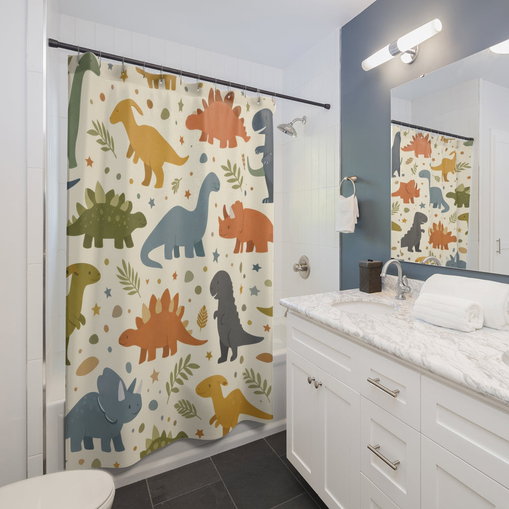 Kids Dinosaur Shower Curtain — Muted Pastels