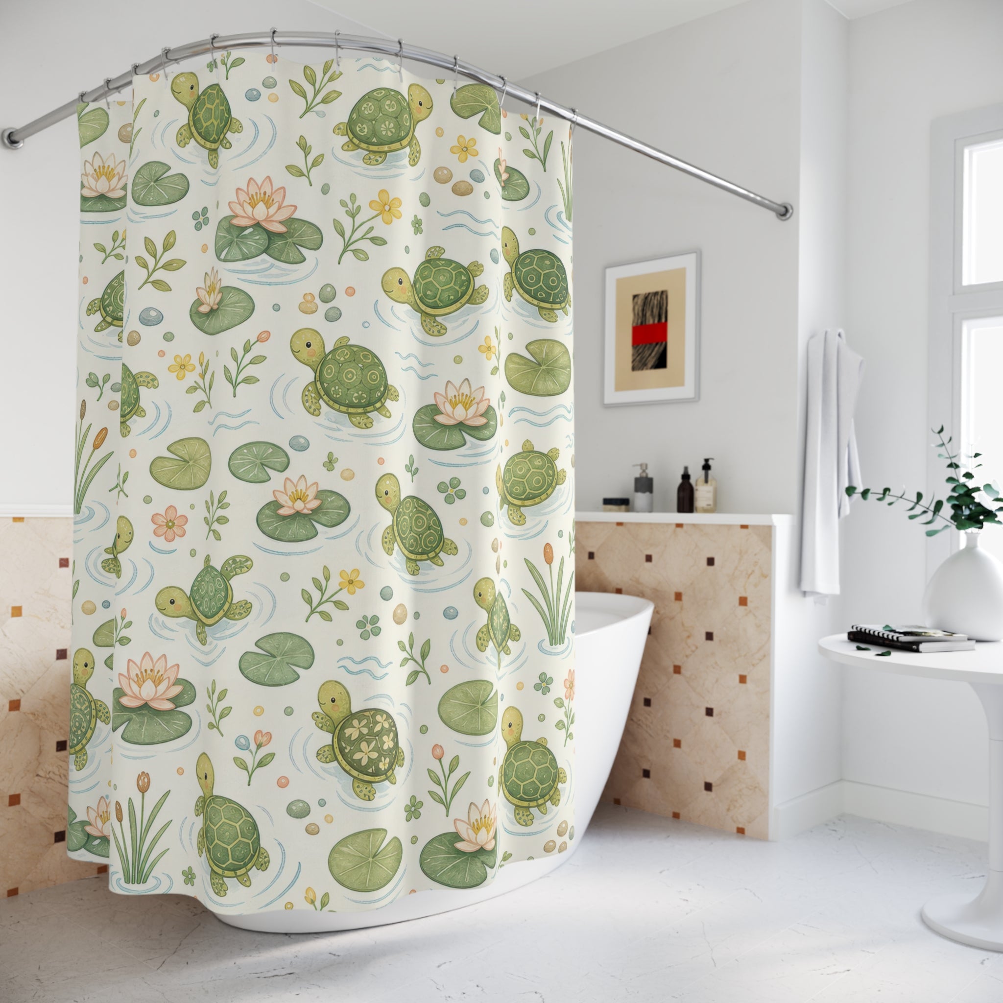 Turtle Shower Curtain, Cute Green Bath Decor, Pond Turtle Botanical Pattern, Nature Inspired Guest Bathroom Decor, Pond Garden Style