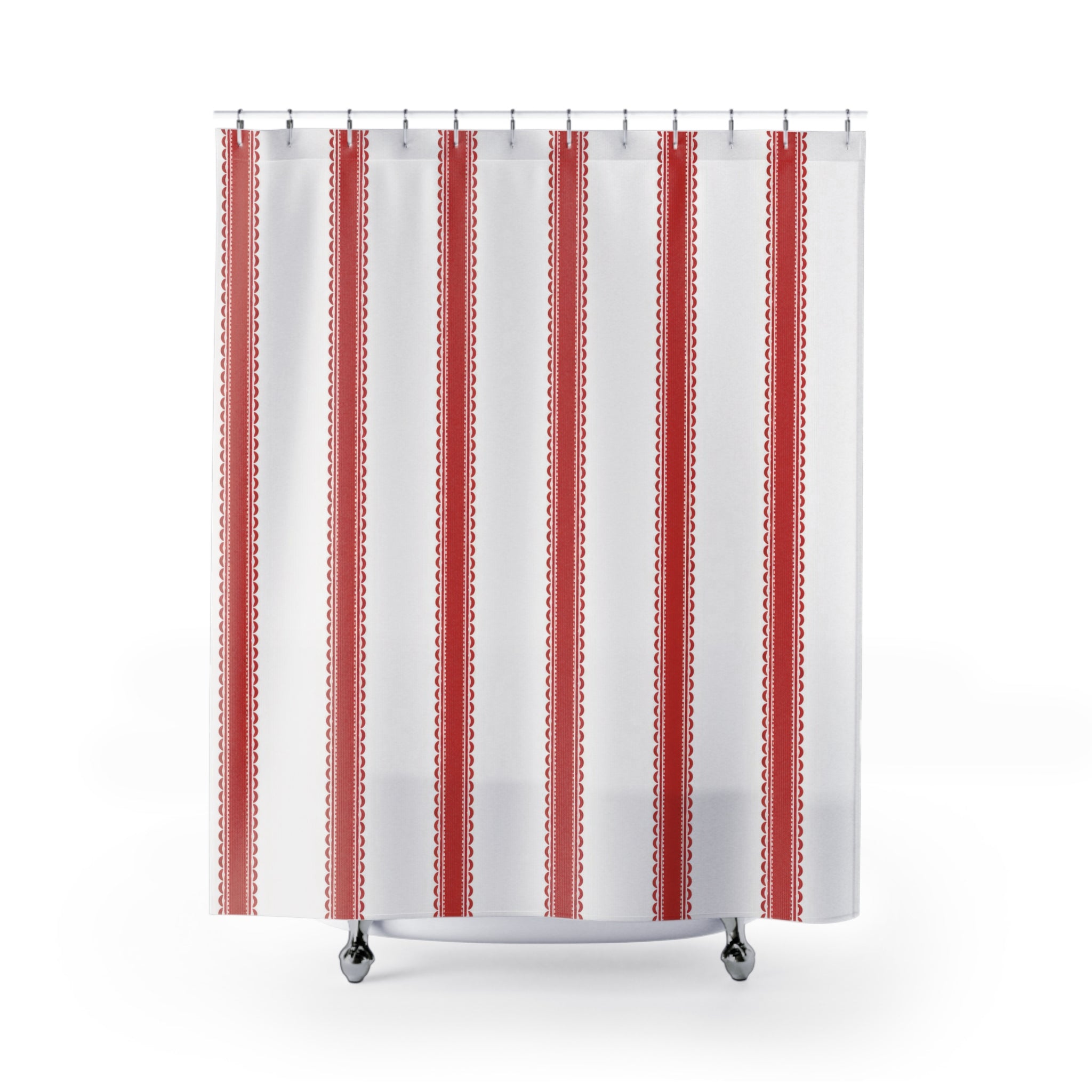 Red and White Ribbon Stripe Shower Curtain: Preppy Cottage