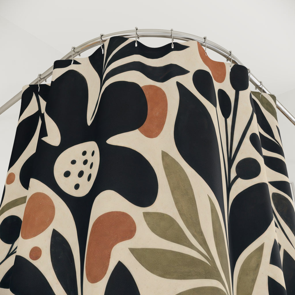 Unique Black Floral Shower Curtain, Graphic Botanical Leaf Pattern, Cream Tan Scandinavian Decor, Modern Guest Bath Accent, Neutral Style