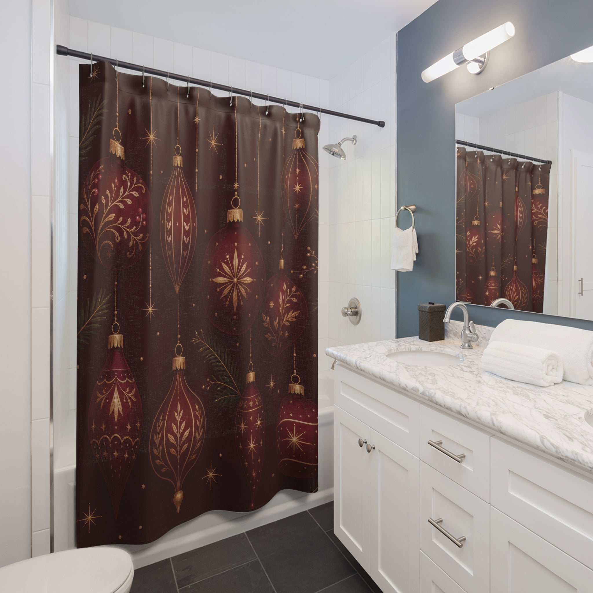 Burgundy Christmas Ornament Shower Curtain