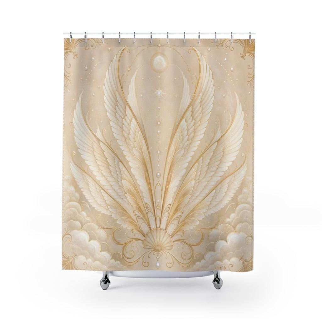 Celestial Wings Shower Curtain, White Gold Angel Bath Decor, Art Nouveau Feather Pattern, Elegant Cream Ivory Celestial Bathroom Decor