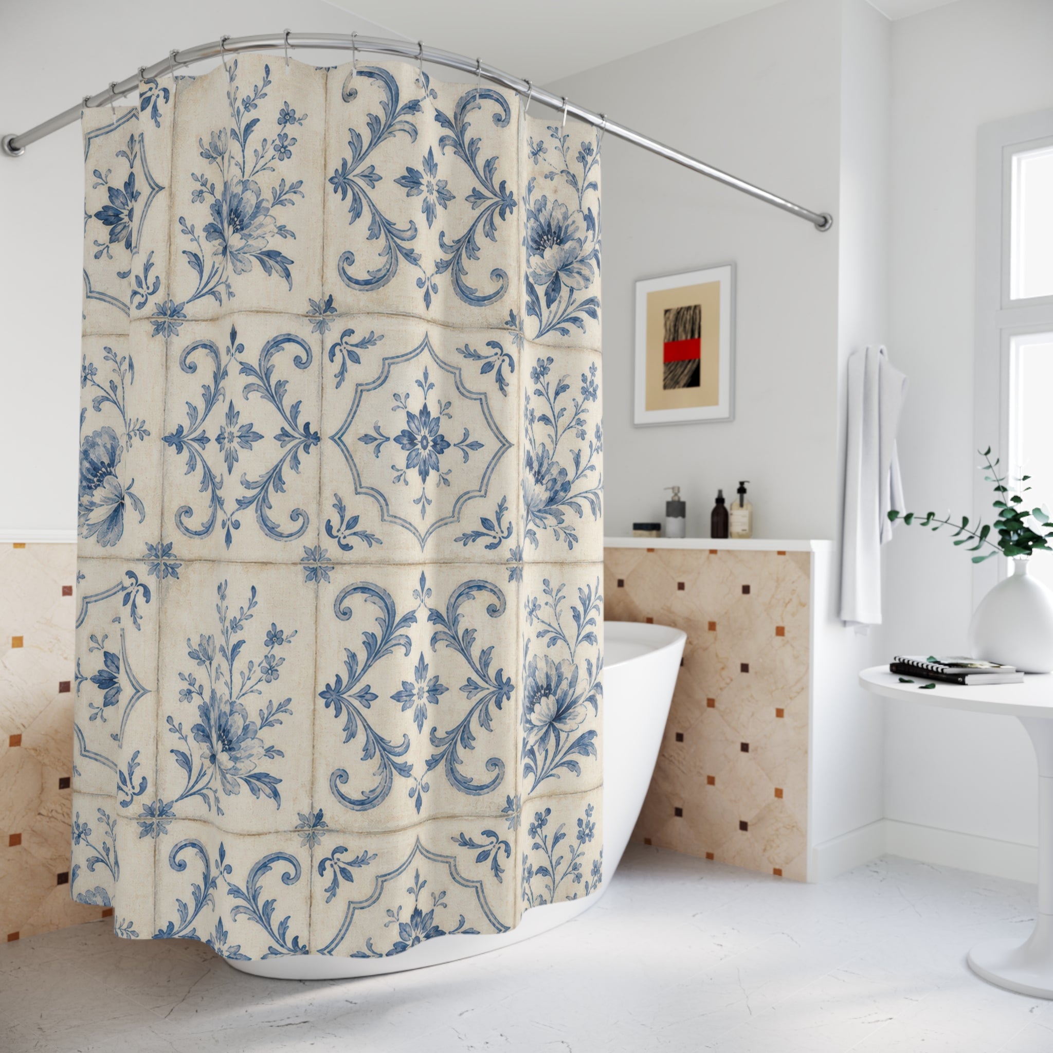 Blue White Floral Tile Shower Curtain