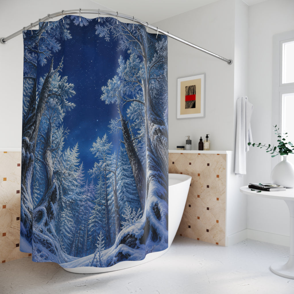 Winter woodland evergreen forest shower curtain beside a freestanding tub