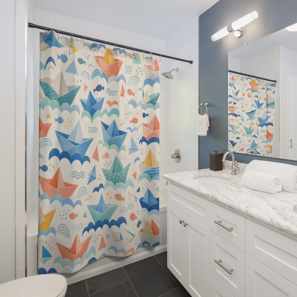 Kids Paper Boat Shower Curtain, Blue Wave Nautical Pattern, Soft Nursery Bathroom Decor, Blue Coastal Wall Decor Guest Bath Wall Gift