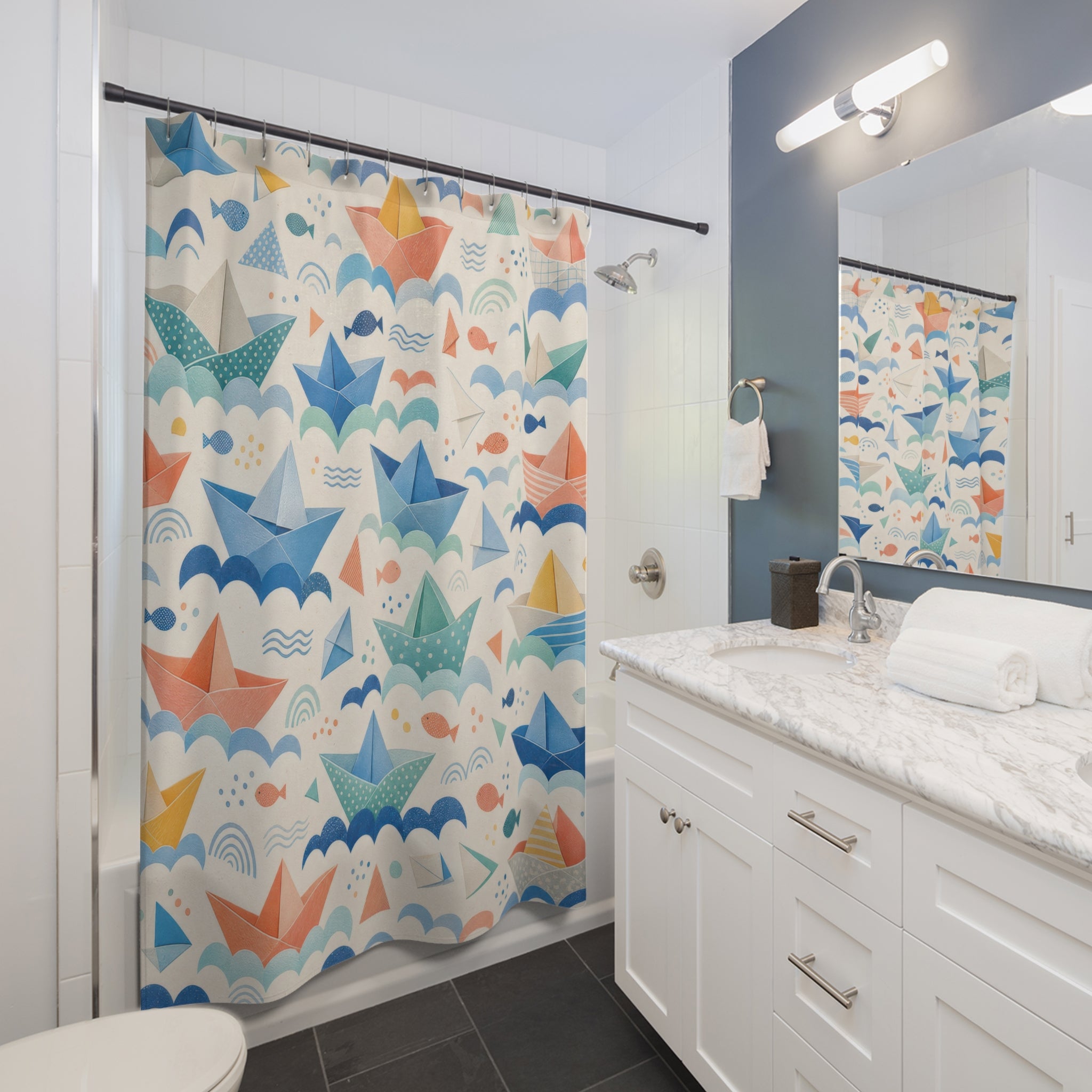 Kids Paper Boat Shower Curtain, Blue Wave Nautical Pattern, Soft Nursery Bathroom Decor, Blue Coastal Wall Decor Guest Bath Wall Gift