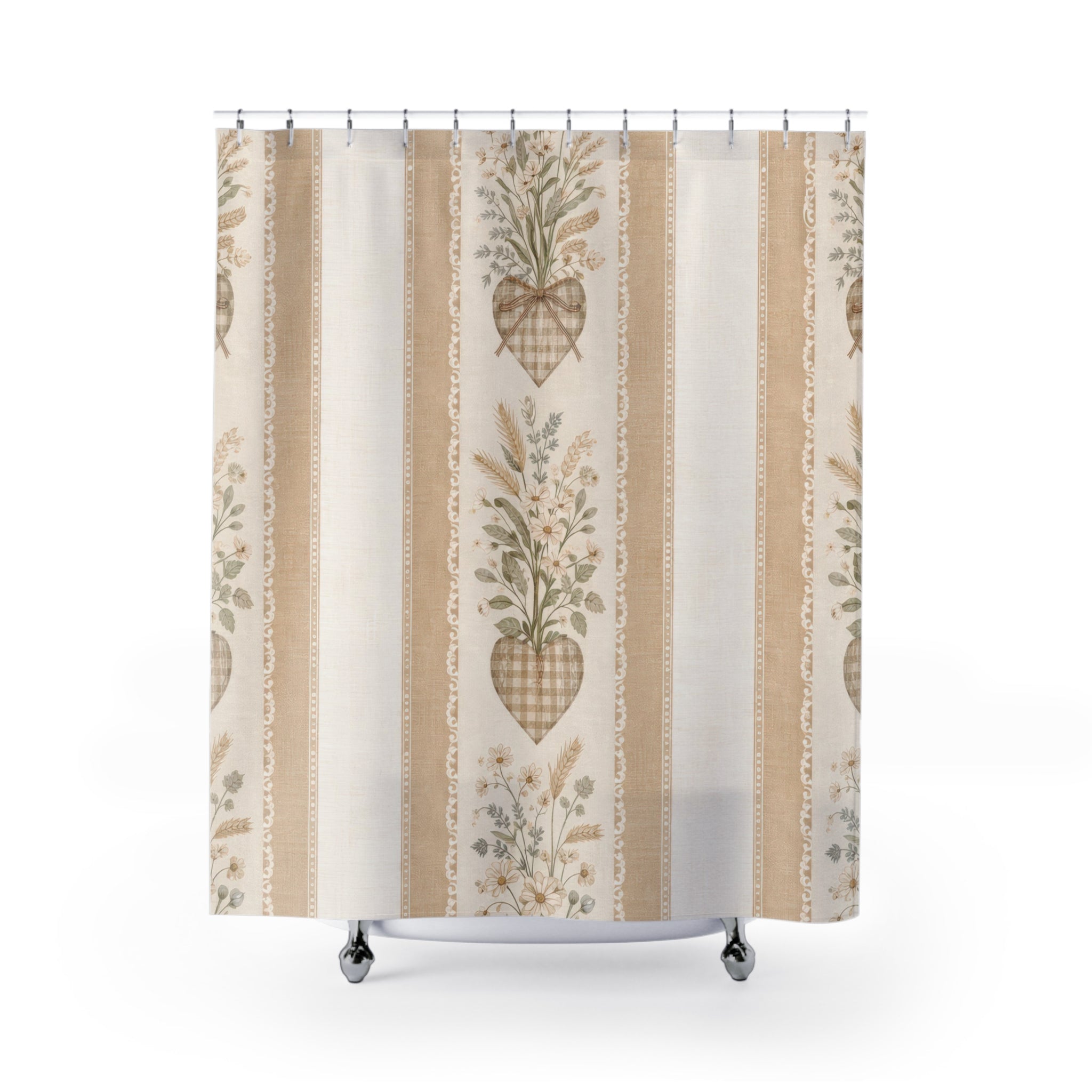 Farmhouse Floral Shower Curtain – Beige Gingham