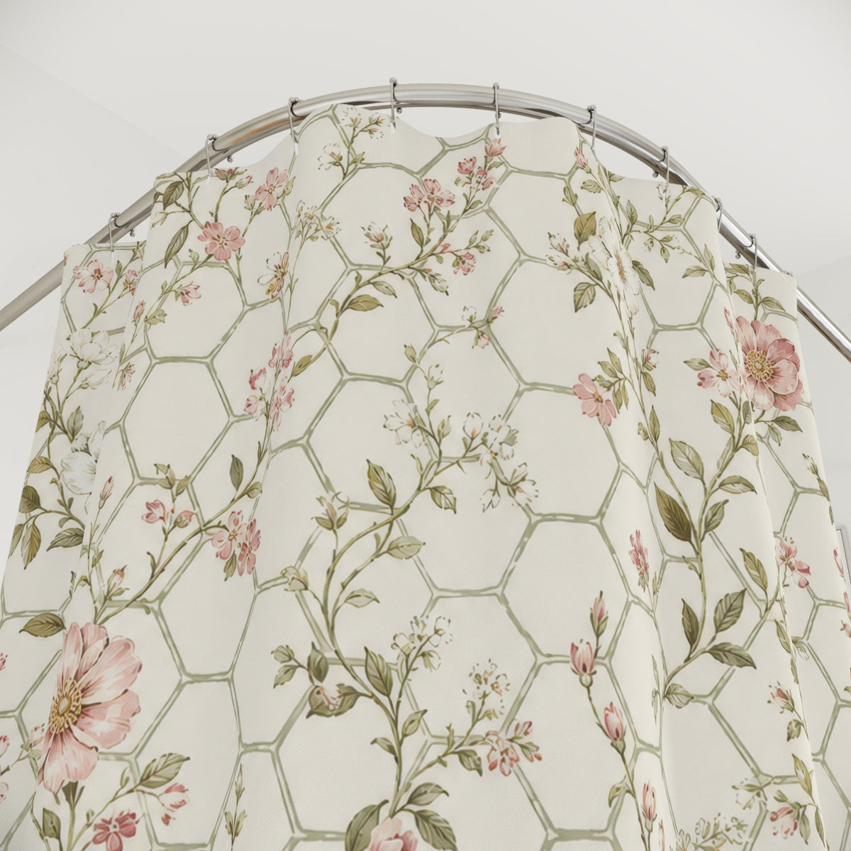 Pale Honeycomb Lattice Flower pink shower curtain with close-up print, hooks, and folds
