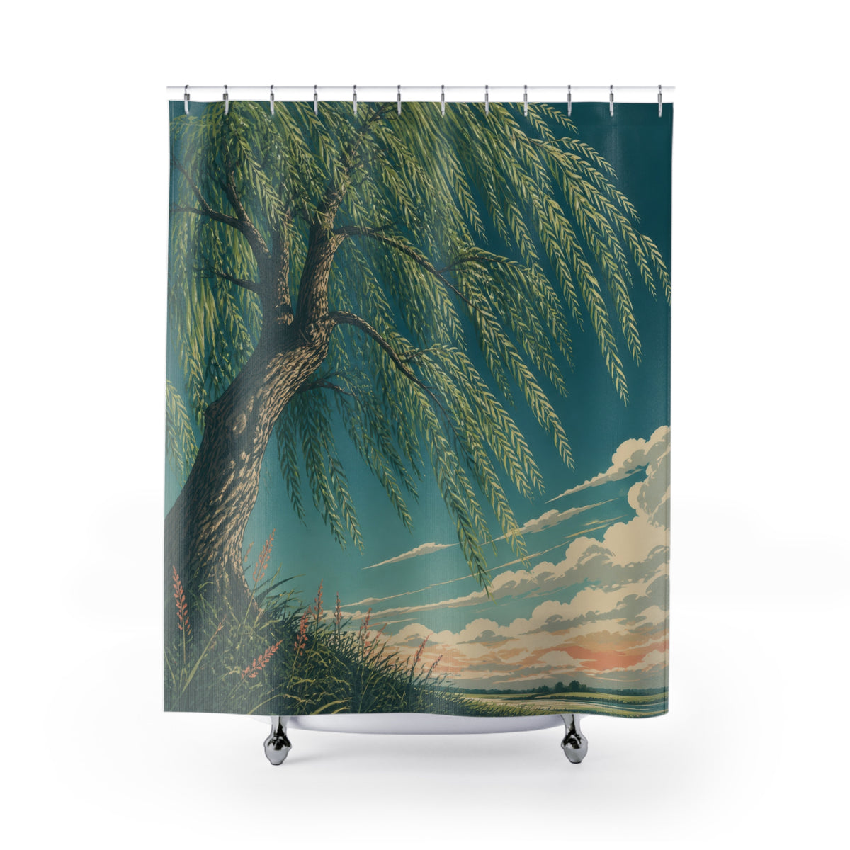 Low-angle willow tree canopy against a teal sky shower curtain with full front view