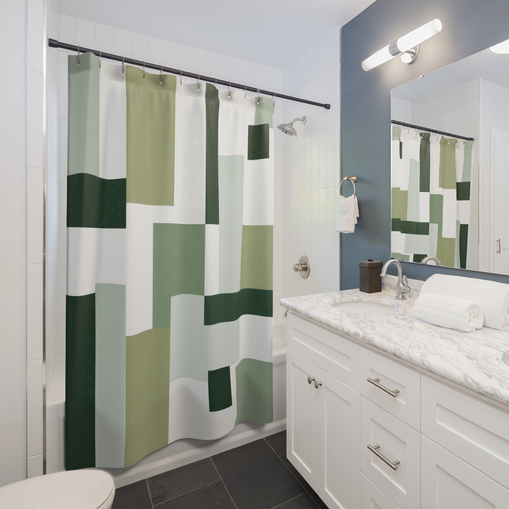 Modern Shower Curtain, Green White Geometric Bath Decor, Abstract Block Pattern, Sage Guest Bathroom Decor, Minimal Green Style Decor
