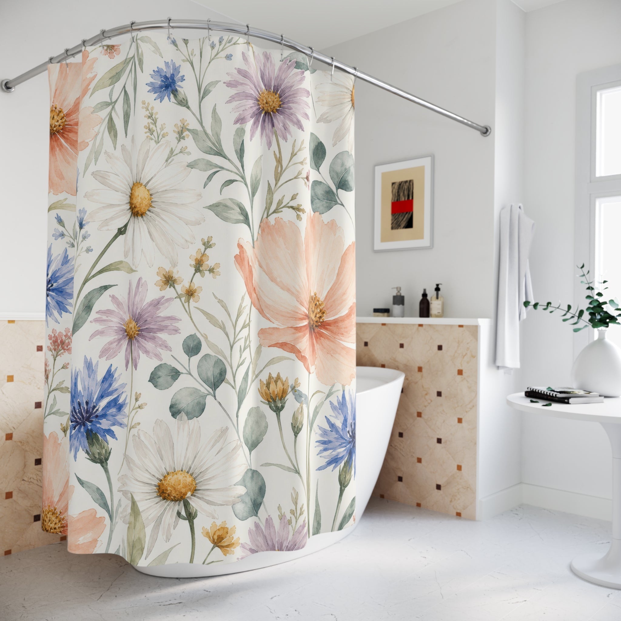Peach Blue Wildflower Watercolor Shower Curtain