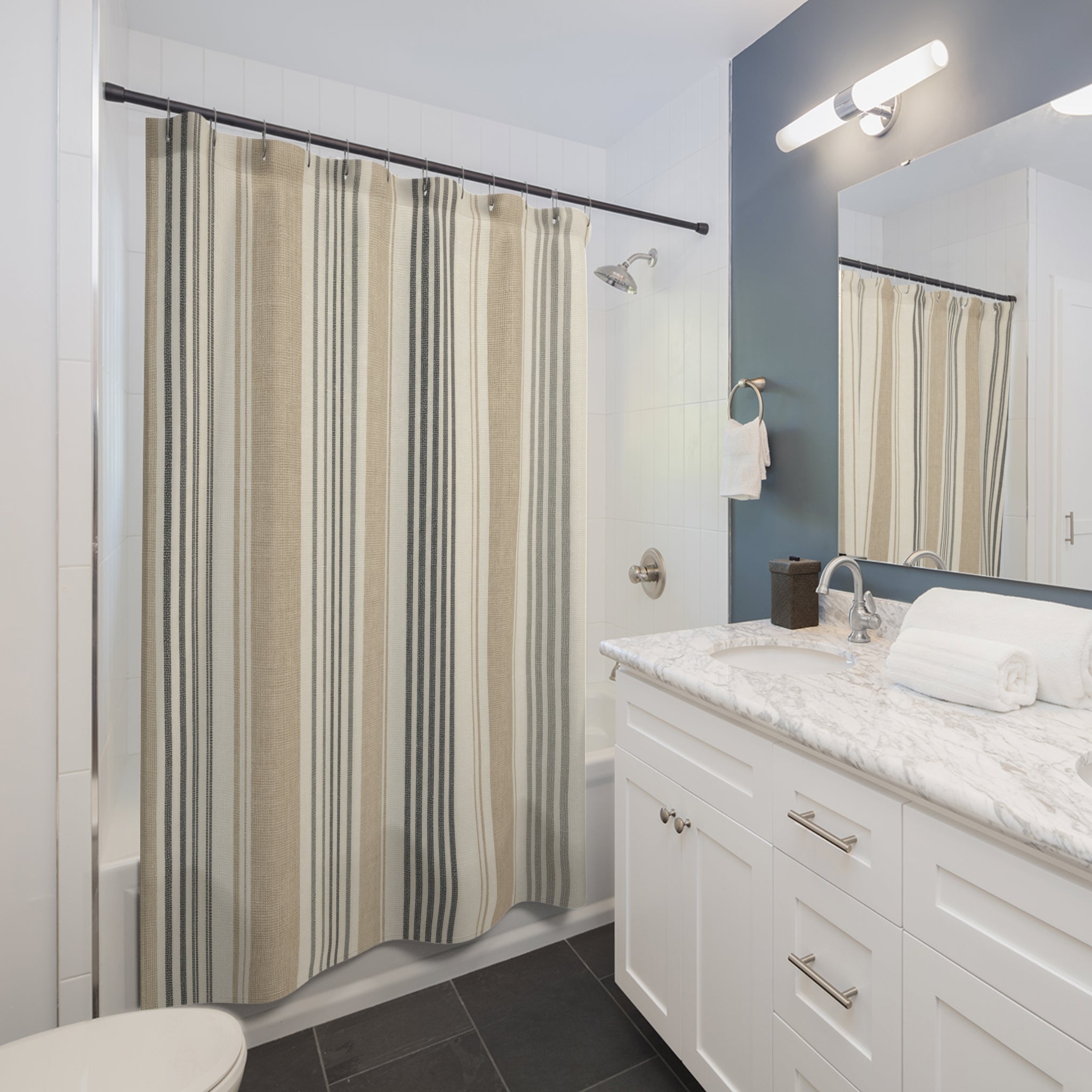Tan Gray Fine Pinstripe Shower Curtain