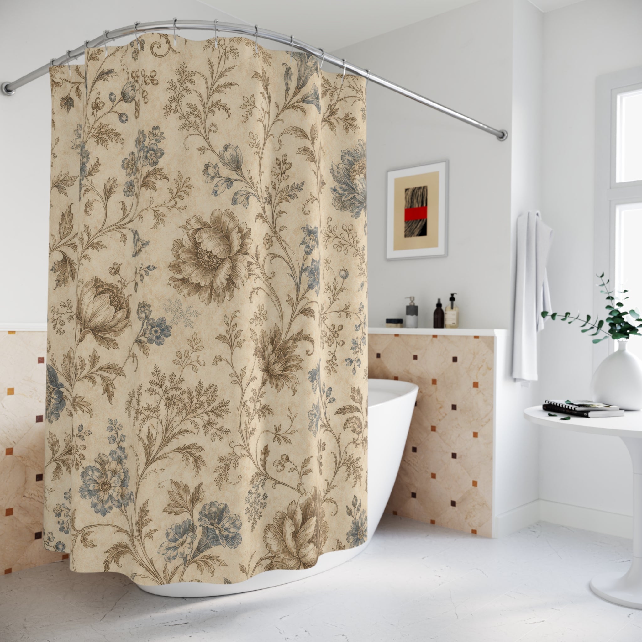 Blue Beige Floral Shower Curtain