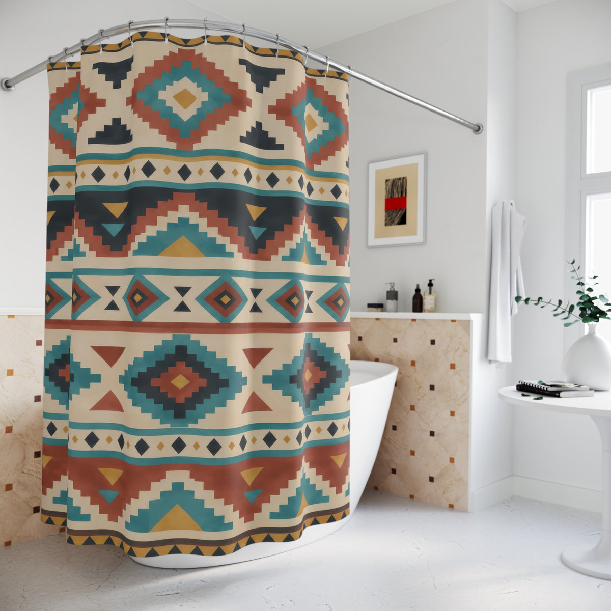 Terracotta and turquoise stepped diamonds on warm beige shower curtain beside a freestanding tub