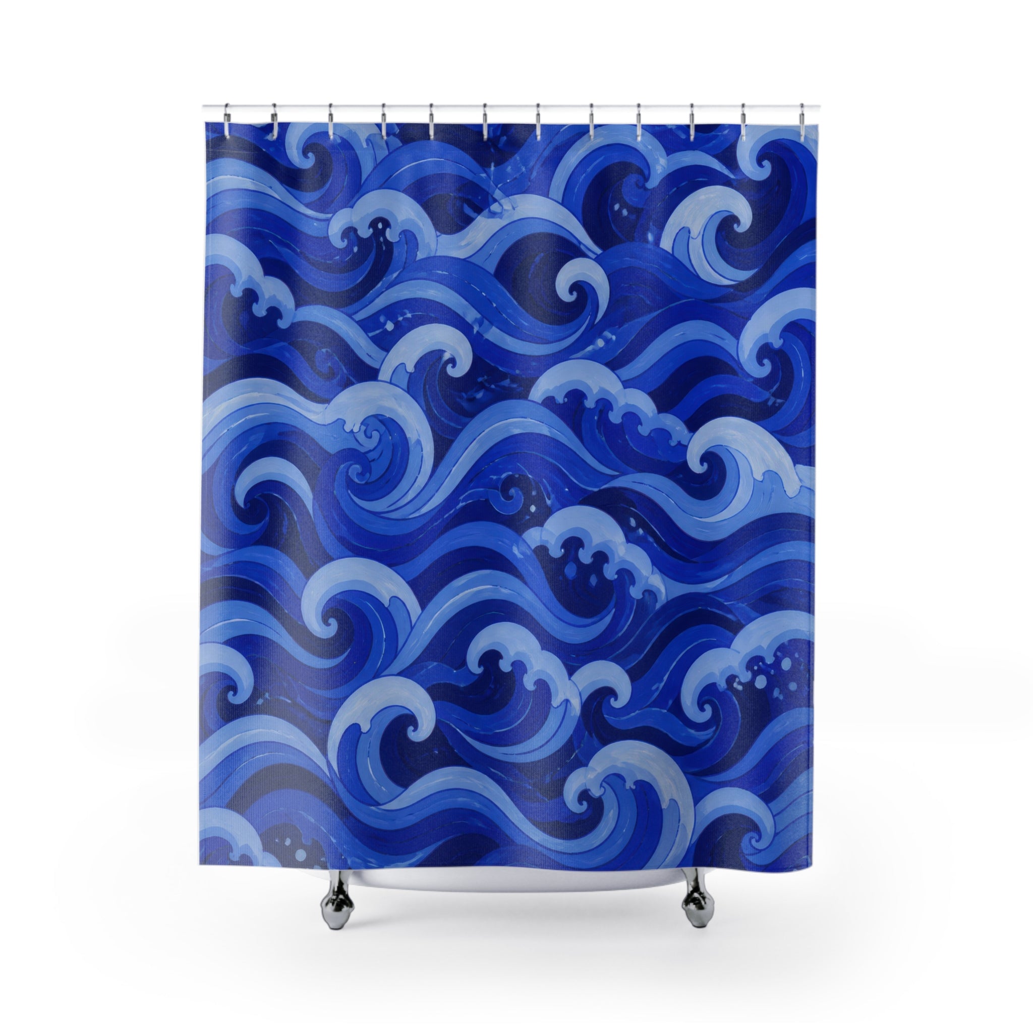 Blue Wave Shower Curtain, Cobalt Blue Coastal Bathroom Decor, Graphic Wave Bath Curtain, Guest Bath Decor, Small Bathroom Decor, Home Decor