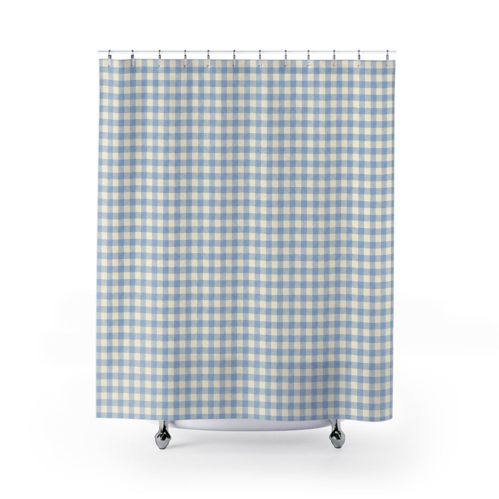 Gingham Shower Curtain, Blue Checkered Bath Decor, Small Blue White Check Pattern, Classic Farmhouse Guest Bathroom Decor, Blue Style