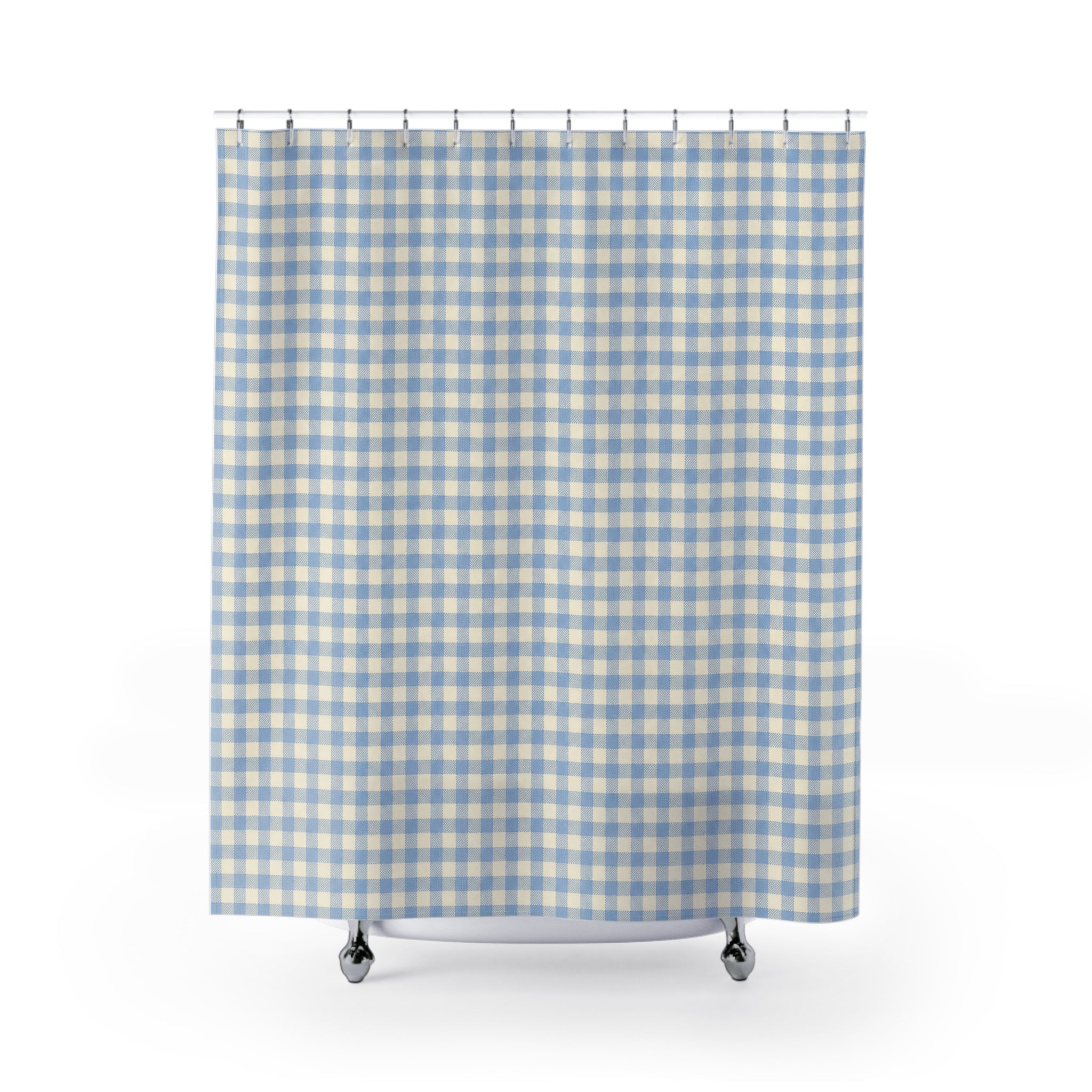 Gingham Shower Curtain, Blue Checkered Bath Decor, Small Blue White Check Pattern, Classic Farmhouse Guest Bathroom Decor, Blue Style