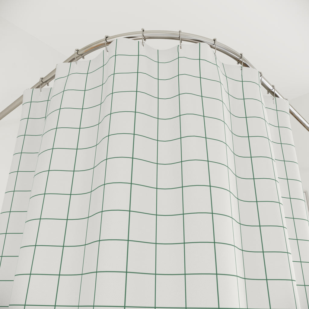 Green and White Cross-Hatch Grid Shower Curtain