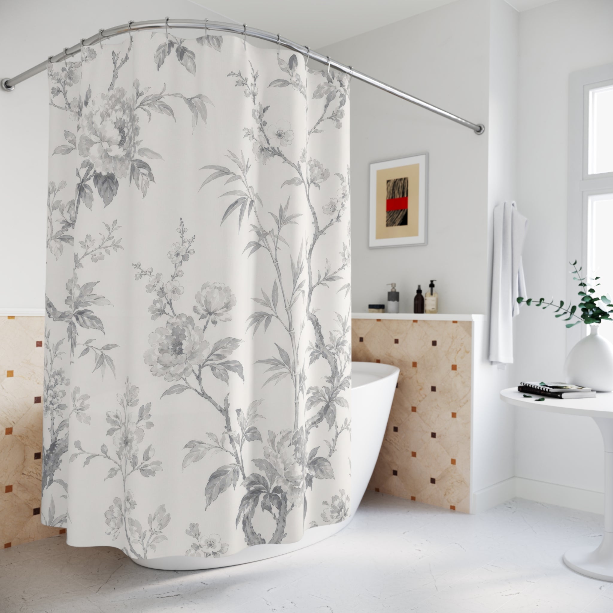 Grey White Toile Shower Curtain