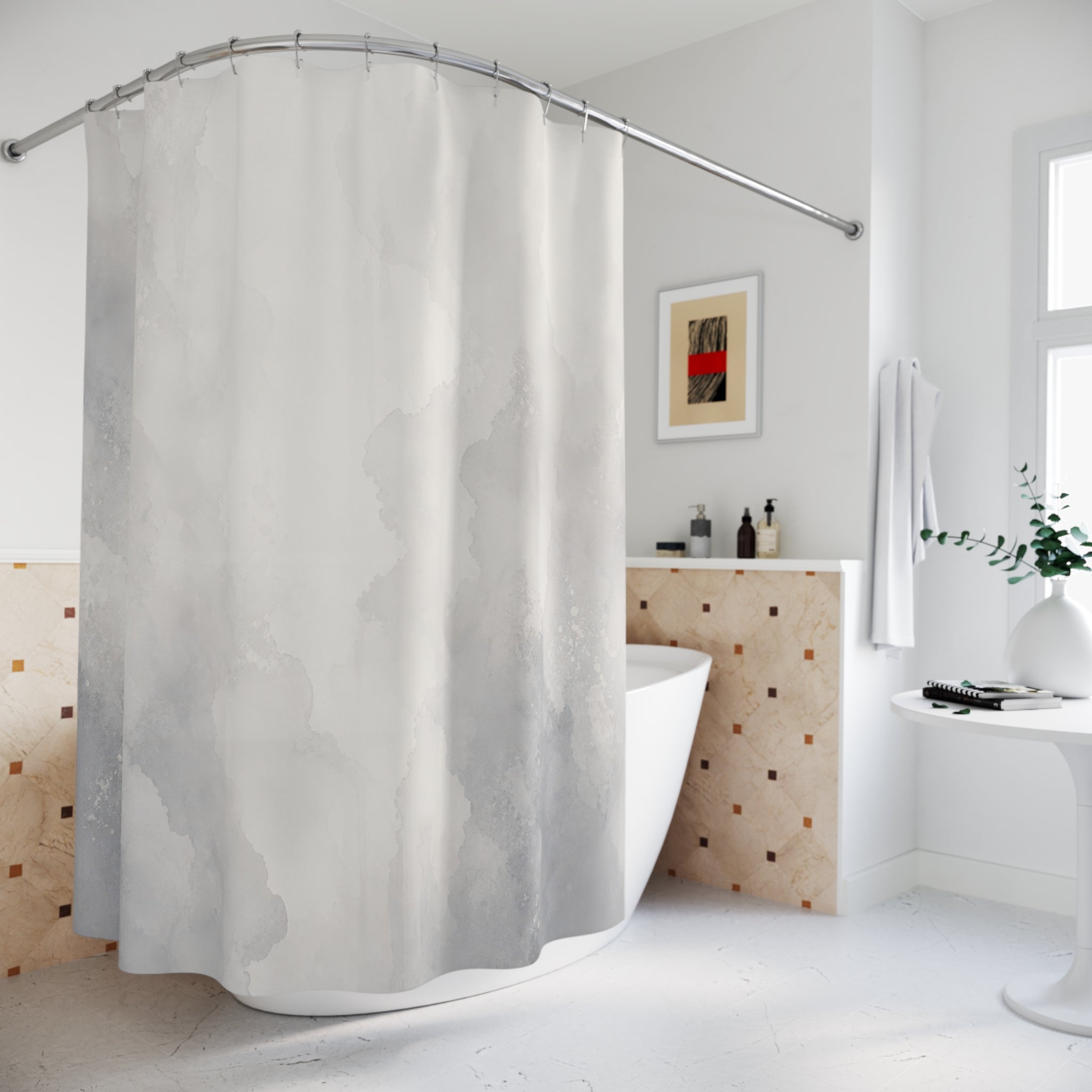 White Watercolor Stone Shower Curtain