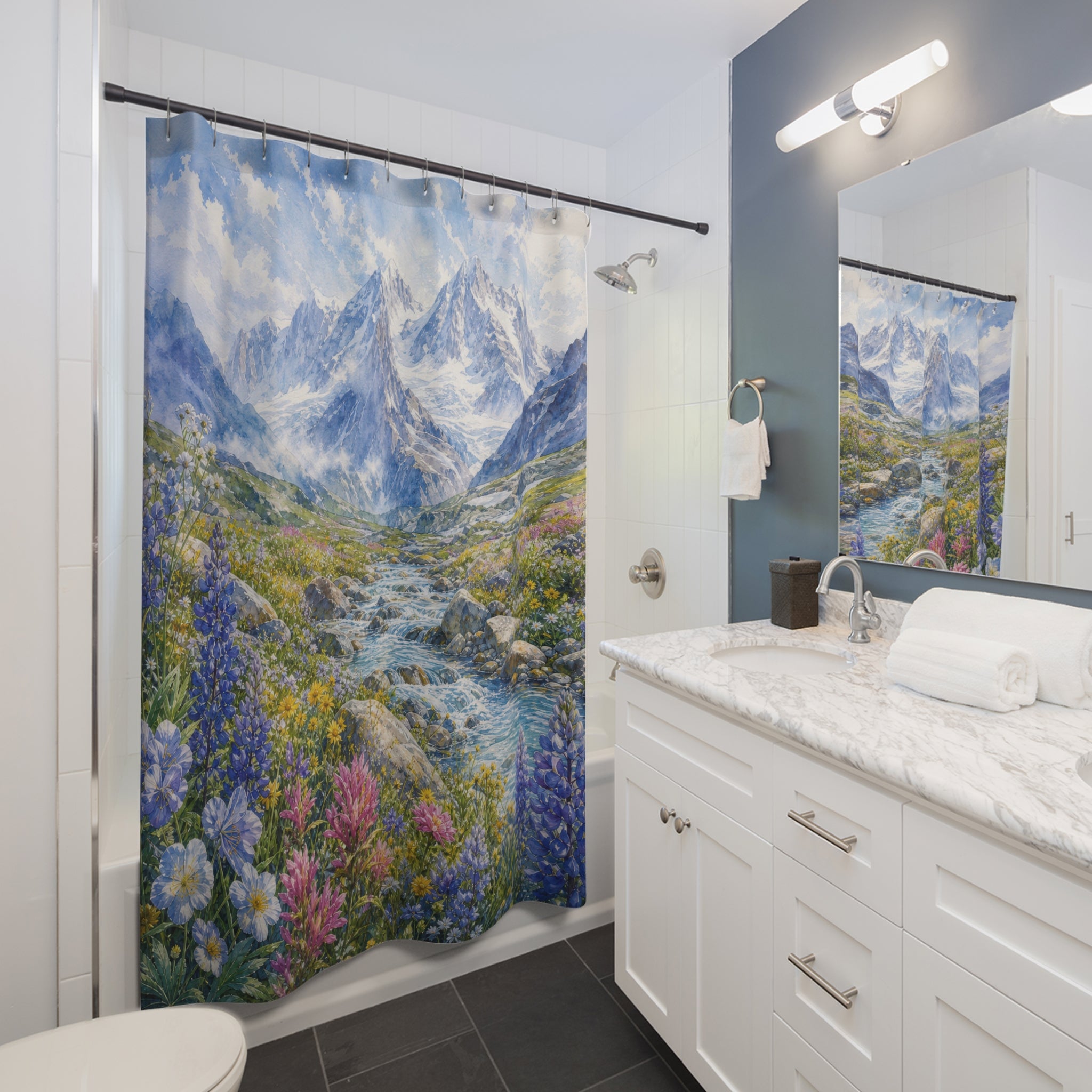 Watercolor Alpine Meadow Stream Shower Curtain