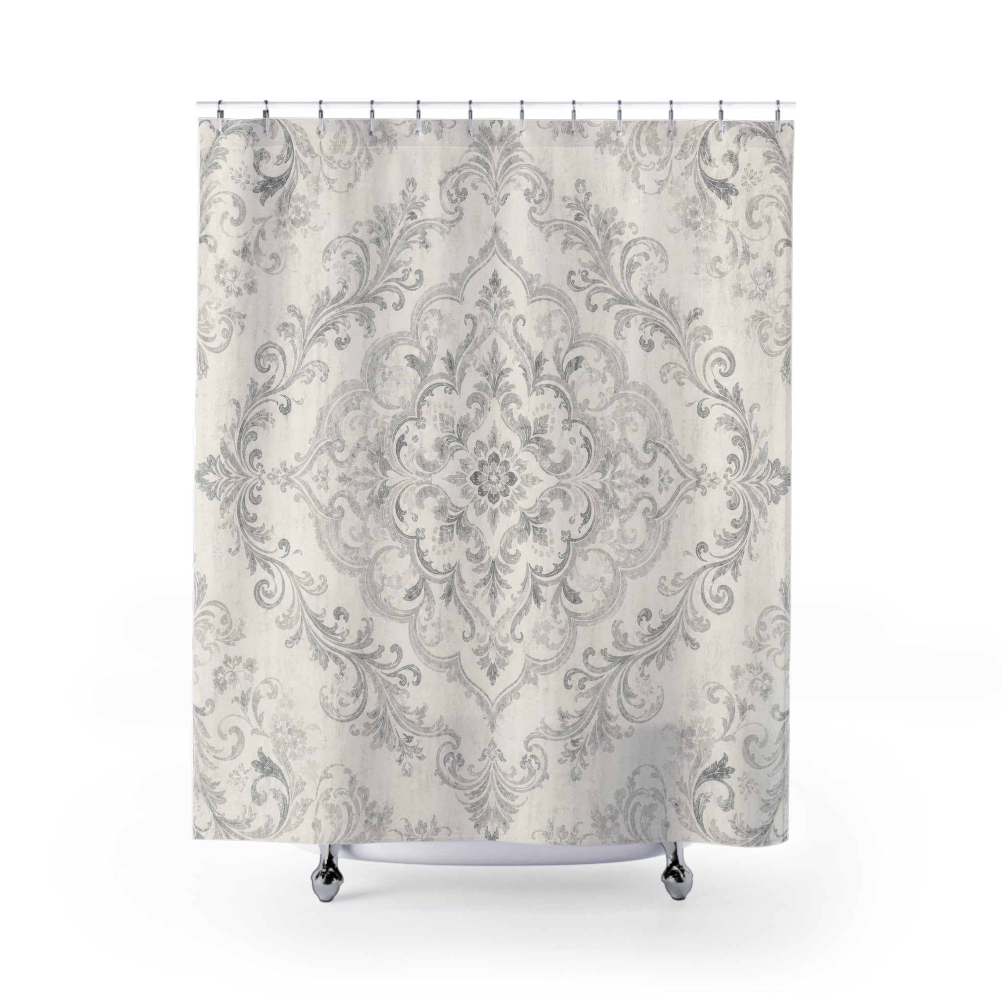 Grey White Damask Medallion Vintage Traditional Gray Shower Curtain