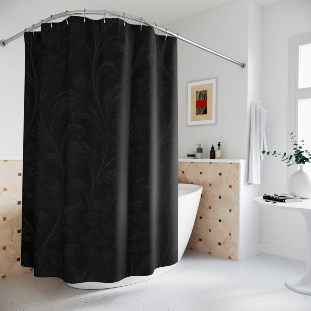 Black dahlias and acanthus leaves in a tone-on-tone pattern shower curtain styled beside a freestanding tub