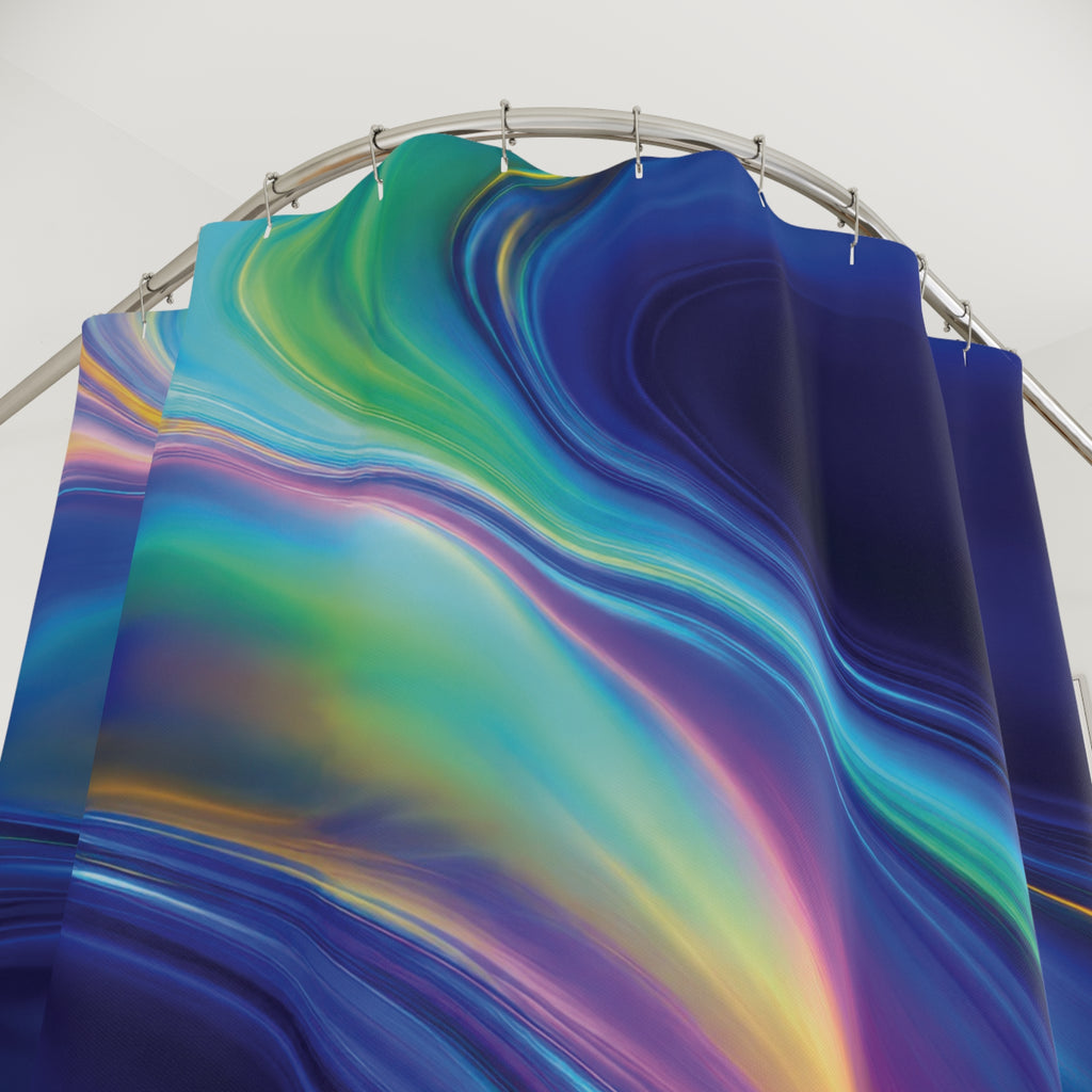 Cyan and magenta iridescent waves across cobalt blue shower curtain with close-up print, hooks, and folds