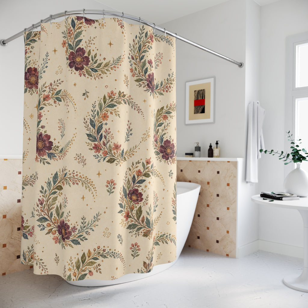 Cream Crescent Wreath Boho Floral Shower Curtain