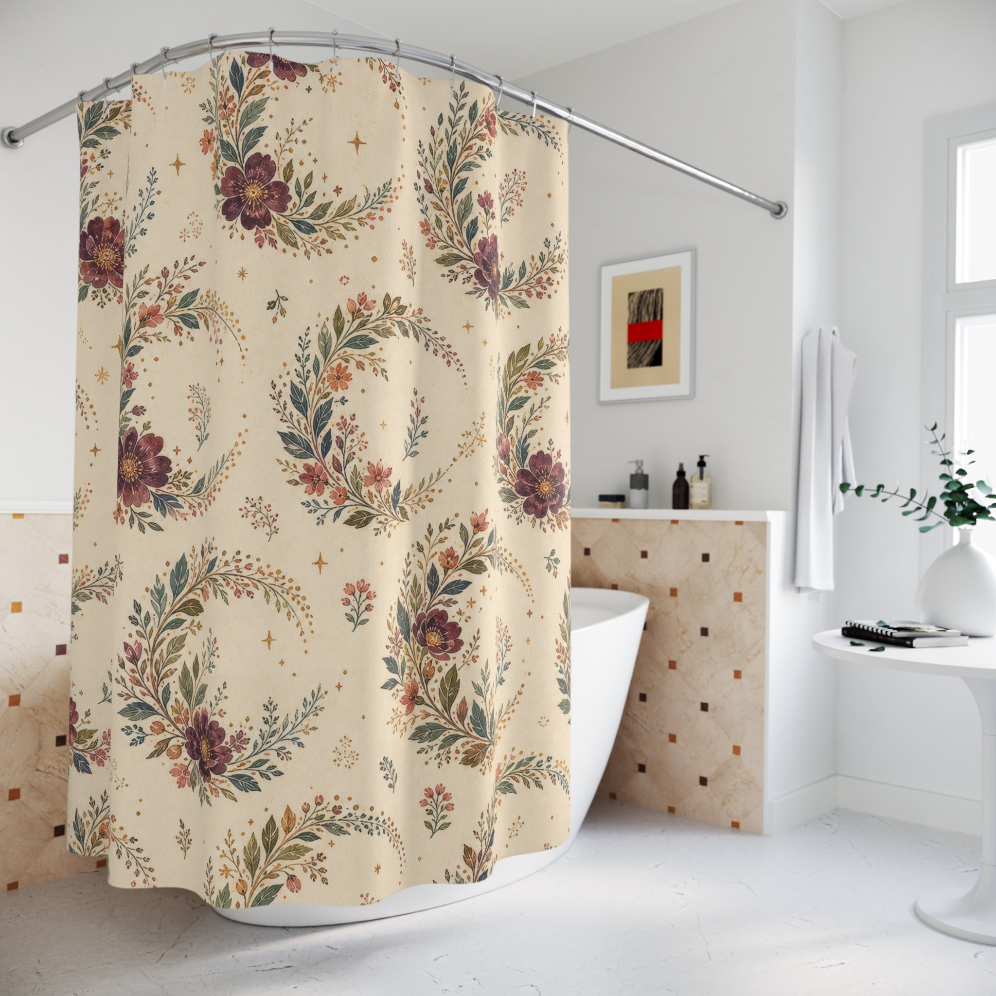 Cream Crescent Wreath Boho Floral Shower Curtain