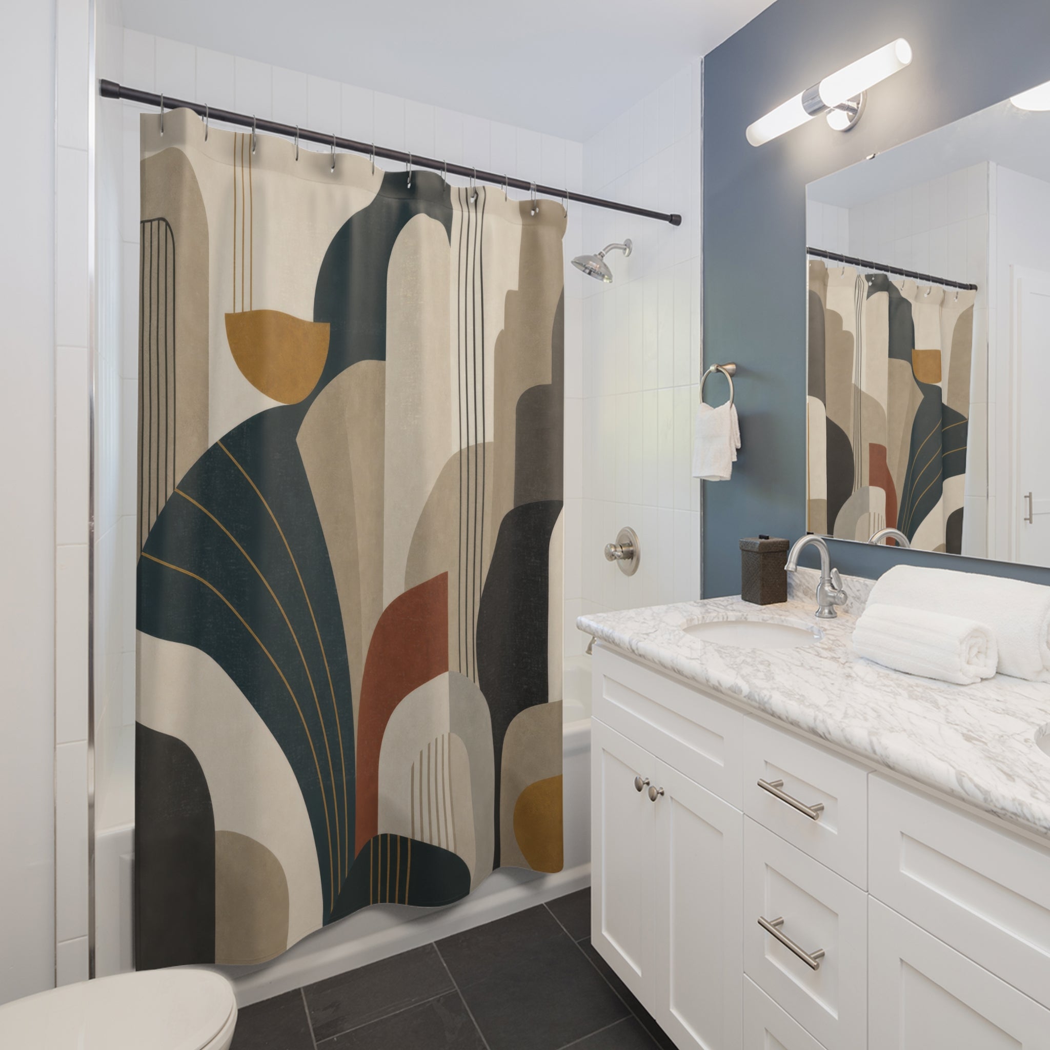 Art Deco Shower Curtain, Teal Fan and Arch Pattern, Black Cream Geometric Bath Decor, Modern Dark Bathroom Style, Moody Guest Bath