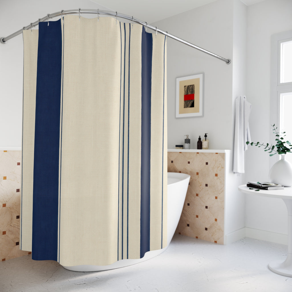 Navy Blue Cream Pinstripe Shower Curtain