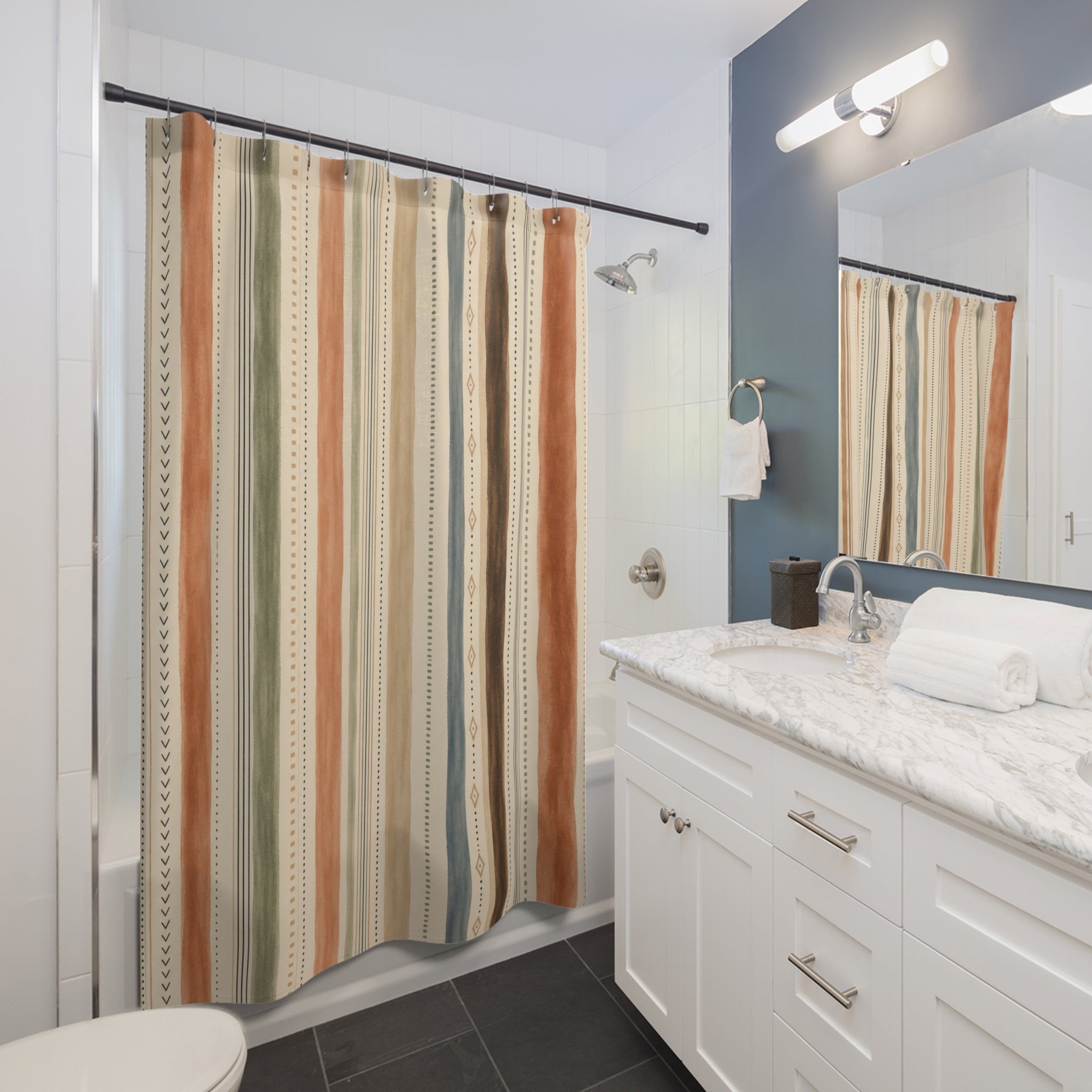 Pale Green Peach Dotted Stripe Shower Curtain