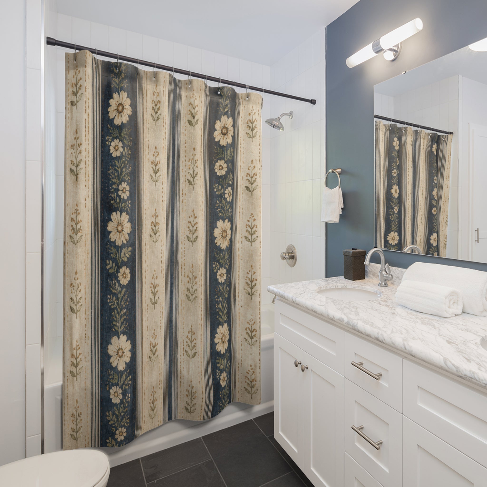 Blue Beige Floral Stripe Shower Curtain